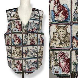 Vintage‎ Cat Vest Tapestry Women Kitsch Eclectic Kitten Quirky Top
